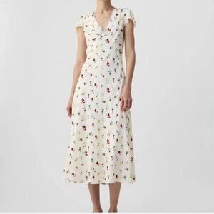 Gap x Doen Women's White Floral Midi Dress Short Sleeve V Neck‎ A-Line Size 4